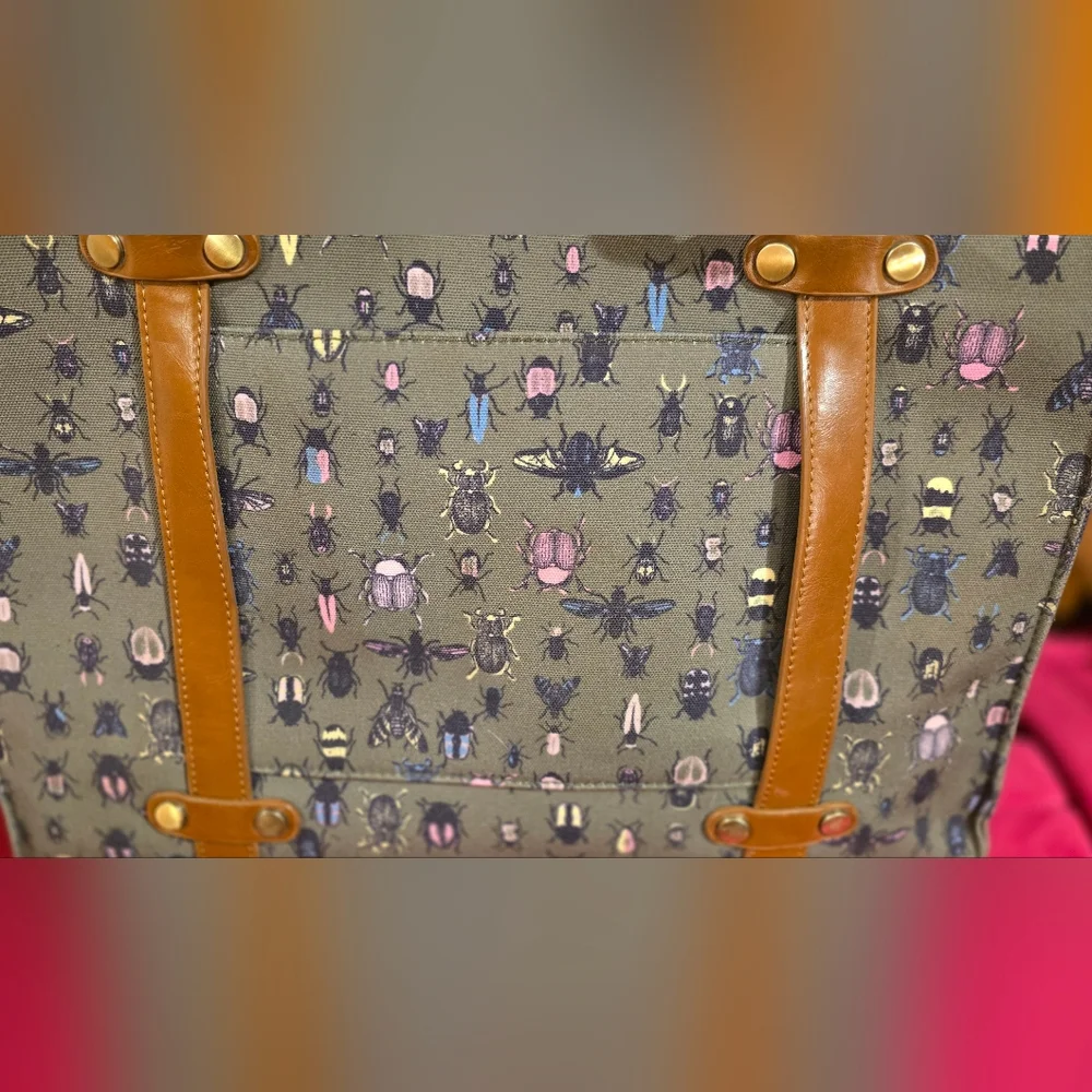 Canvas Tote Bag with Leather Straps - Olive Green Beetle Print - Picture 2 of 4